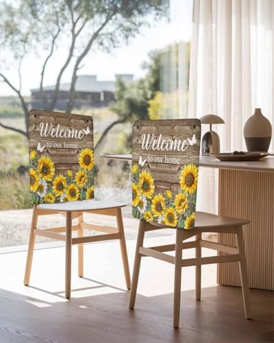 Welcome Texts Yellow Sunflowers Dining Chair Covers 4 Pack Removable