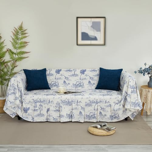 French Village Linen Sofa Cover with Ruffle Trim Toile Blue 71x118 Inch