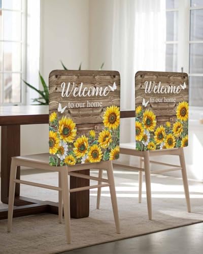 Welcome Texts Yellow Sunflowers Dining Chair Covers 4 Pack Removable