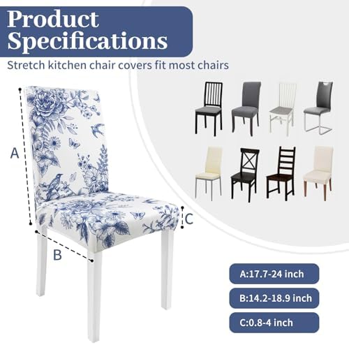 Blue Floral Dining Chair Covers Set of 6