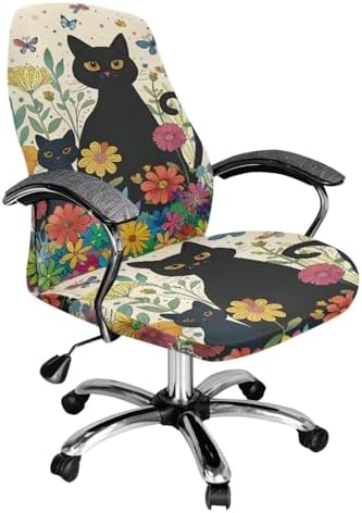 Black Cat Floral Office Chair Cover Stretch Slipcover