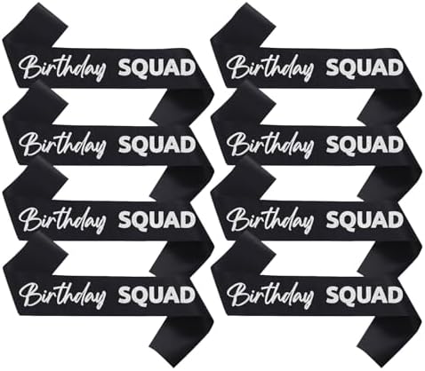 Birthday Squad Sash Set 8 Pack - Black with Silver