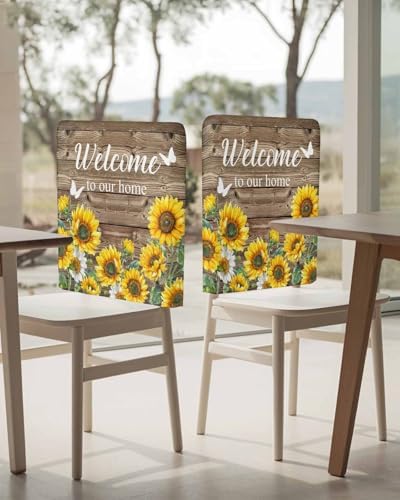 Welcome Texts Yellow Sunflowers Dining Chair Covers 4 Pack Removable