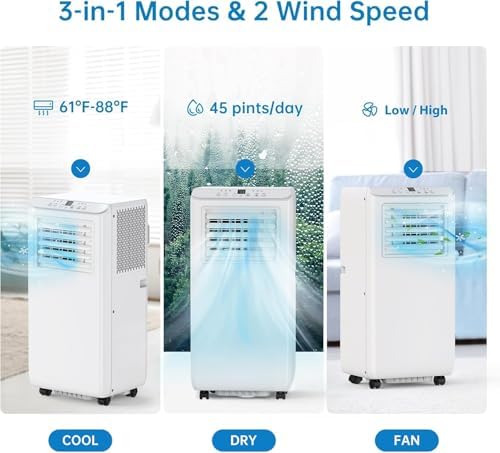 8000BTU Portable Air Conditioner with Remote Control Cooling Dehumidifier Fan White