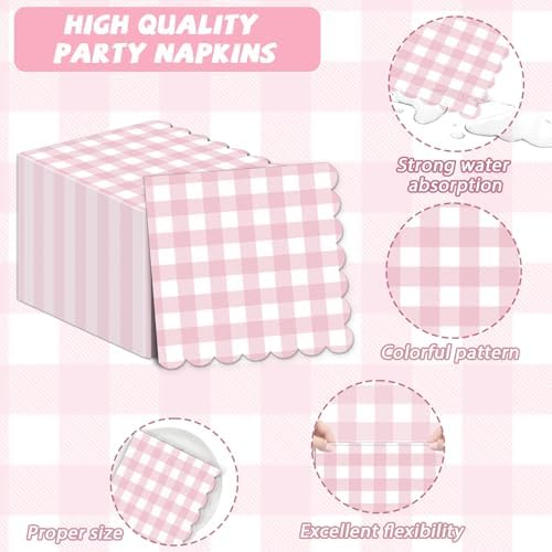 100Pcs Pink Scalloped Gingham Napkins for Parties and Home Use