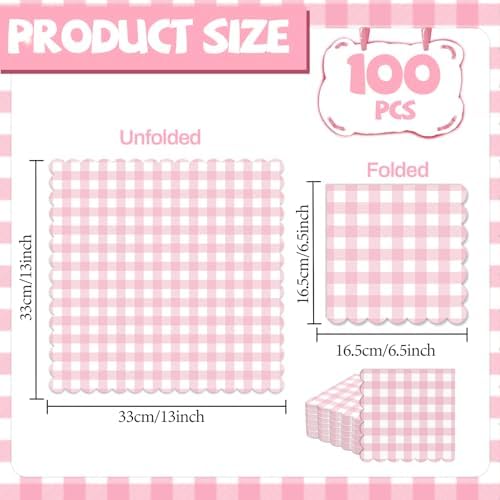 100Pcs Pink Scalloped Gingham Napkins for Parties and Home Use