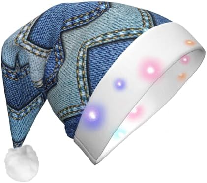 Gradient Blue Denim Print Christmas Hat with LED Lights