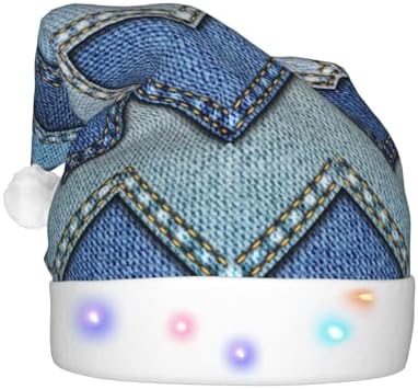 Gradient Blue Denim Print Christmas Hat with LED Lights