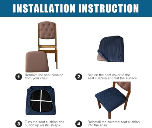 Doottoo Stretch Jacquard Seat Covers - 4 PCS Navy Dining Chair Cushion Slipcovers