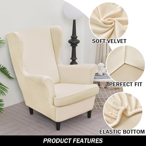 PENDEJATO Wing Chair Slipcovers 2 Piece Velvet Light Beige