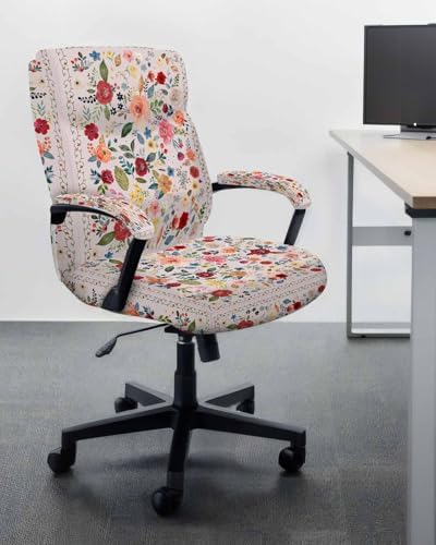 Pink Spring Floral Office Chair Cover with Armrest Covers and Zipper