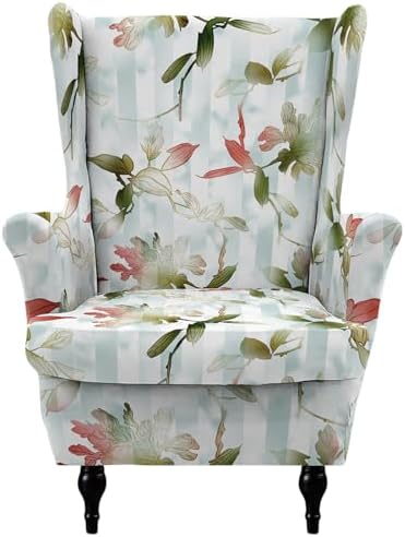 Printed Wingback Chair Cover Retro Floral 2 Pieces Farmhouse Armchair Protector