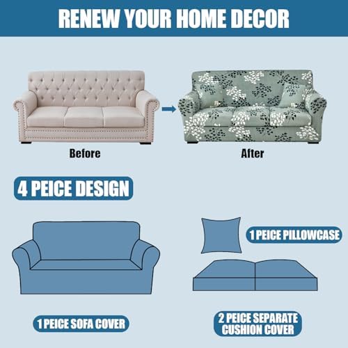 JQinHome 4 Piece Stretch Sofa Cover with Floral Pattern and Cushion Covers