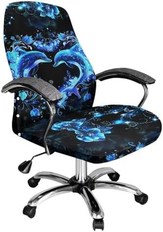 Cadowhimsy Office Chair Slipcover Blue Floral Dolphin Print