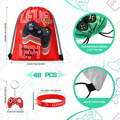Hungdao 48 Pcs Gamer Party Favors Drawstring Bags Wristbands Keychains Set