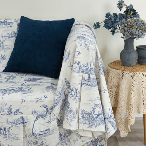 French Village Linen Sofa Cover with Ruffle Trim Toile Blue 71x118 Inch