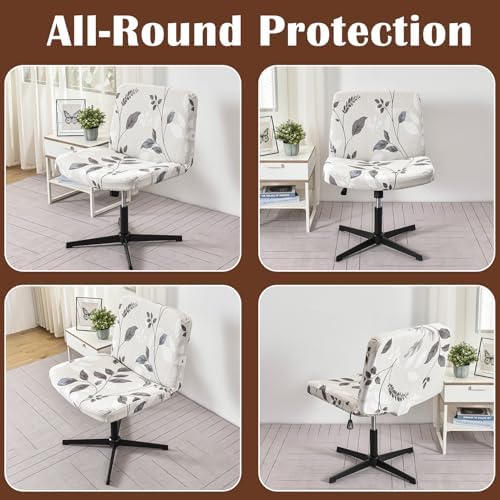 Printed Armless Office Chair Cover with Beige Leaf Design