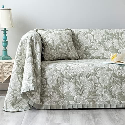 Luxury Jacquard Sofa Cover with Ruffle Embroidery Olive Green 71x118 in