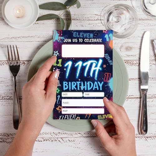 Blue 11th Birthday Invitations with Neon Glow Design