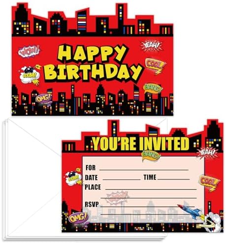 24 Pack Hero Birthday Invitations with Stickers and Envelopes