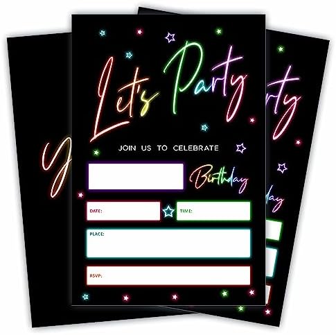 Lets Party Birthday Invitations Retro Glow Neon 20Pcs