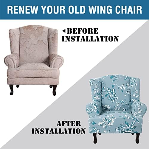 Floral Printed Fleece Wingback Chair Slipcover - Sky Blue