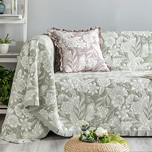 Luxury Jacquard Sofa Cover with Ruffle Embroidery Olive Green 71x118 in