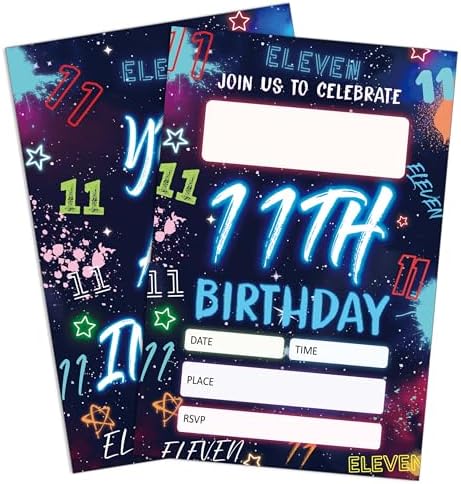 Blue 11th Birthday Invitations with Neon Glow Design