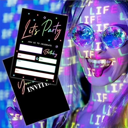 Lets Party Birthday Invitations Retro Glow Neon 20Pcs