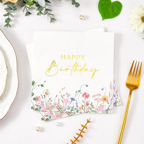 Crisky 50 Pcs Wildflower Gold Foil Napkins for Birthday Party