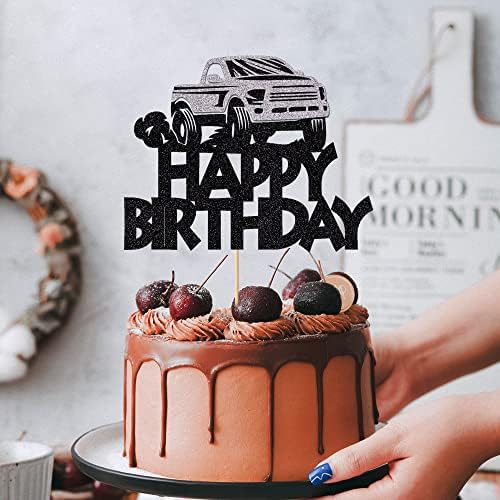 Black Glitter Pickup Truck Cake Toppers Happy Birthday Decorations
