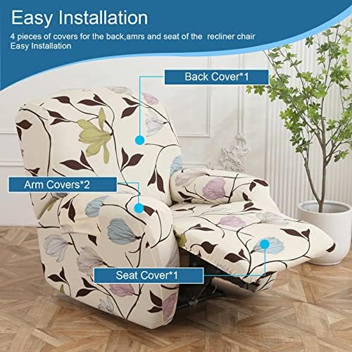 NILUOH 4-Piece Recliner Chair Cover with Pocket Floral Pattern