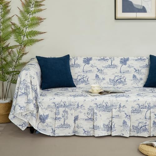 French Village Linen Sofa Cover with Ruffle Trim Toile Blue 71x118 Inch