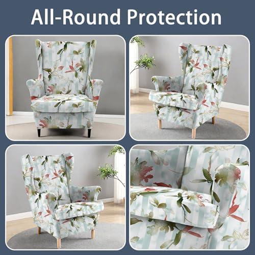 Printed Wingback Chair Cover Retro Floral 2 Pieces Farmhouse Armchair Protector