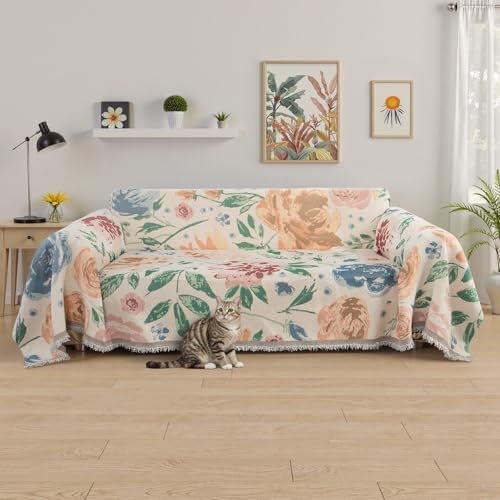 Lanffia Floral Reversible Chenille Sofa Cover Blanket for 2 Cushions