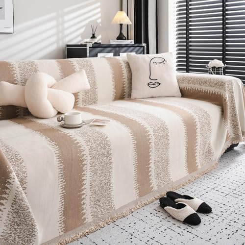 DREAMINGO Couch Cover - Striped Jacquard Beige Khaki Modern Chic