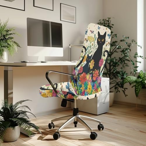 Black Cat Floral Office Chair Cover Stretch Slipcover