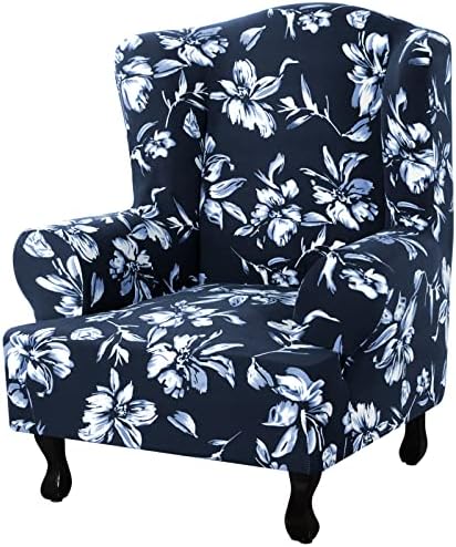 Floral Printed Fleece Wingback Chair Slipcover - Navy