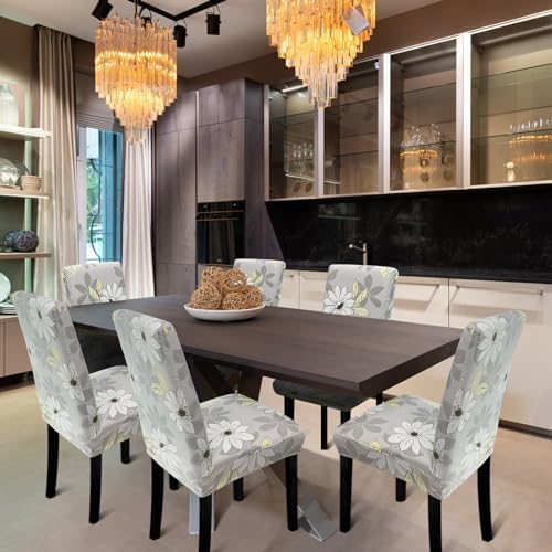 Fafua 4pcs Stretch Dining Chair Covers Grey Flower
