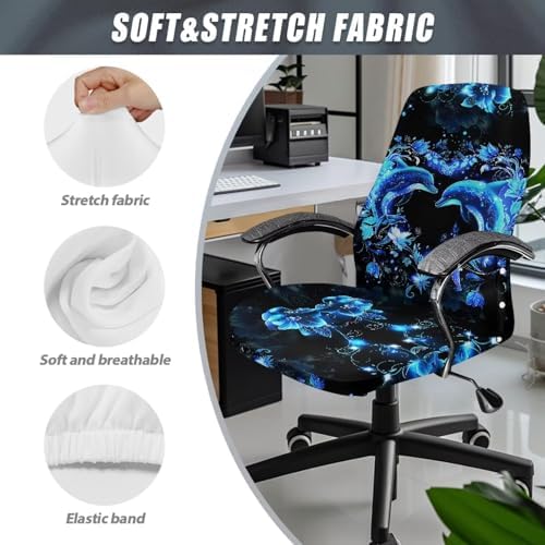Cadowhimsy Office Chair Slipcover Blue Floral Dolphin Print