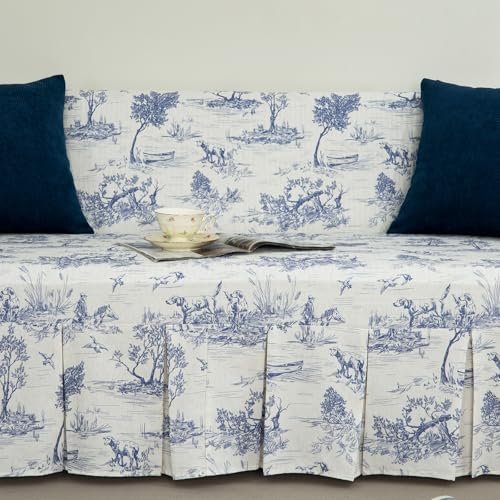 French Village Linen Sofa Cover with Ruffle Trim Toile Blue 71x118 Inch