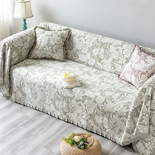 Luxury Jacquard Sofa Cover with Ruffle Embroidery Olive Green 71x118 in