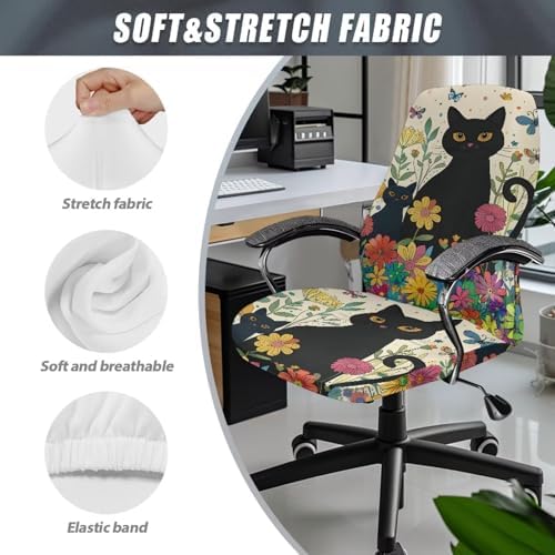 Black Cat Floral Office Chair Cover Stretch Slipcover