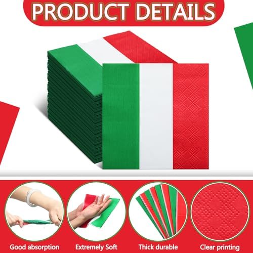 50 Pcs Italian Flag Napkins Red White Green Party Decor