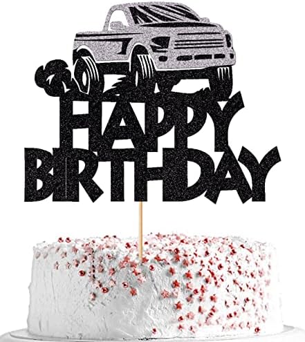 Black Glitter Pickup Truck Cake Toppers Happy Birthday Decorations