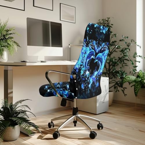 Cadowhimsy Office Chair Slipcover Blue Floral Dolphin Print