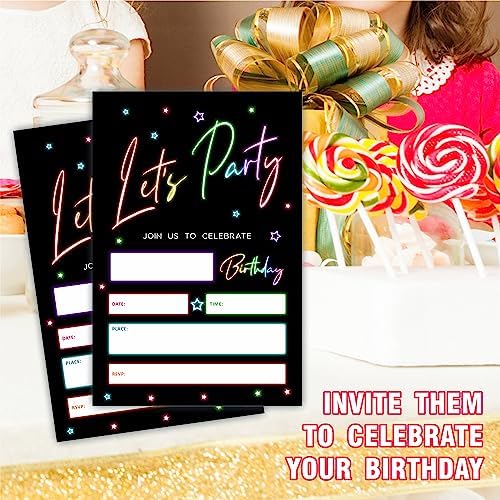 Lets Party Birthday Invitations Retro Glow Neon 20Pcs