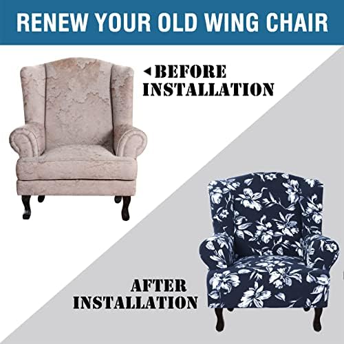 Floral Printed Fleece Wingback Chair Slipcover - Navy