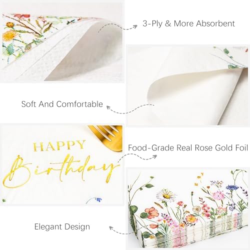 Crisky 50 Pcs Wildflower Gold Foil Napkins for Birthday Party