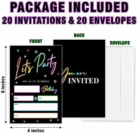 Lets Party Birthday Invitations Retro Glow Neon 20Pcs